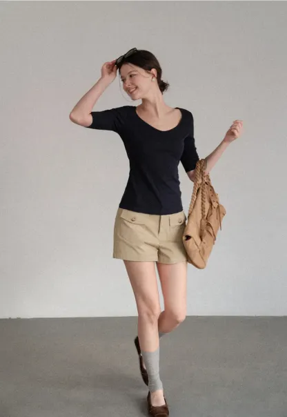 V Neck Ribbed Knit Short Sleeve T Shirt