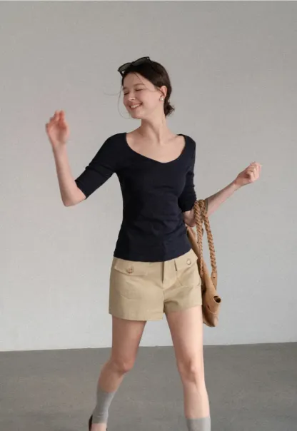 V Neck Ribbed Knit Short Sleeve T Shirt