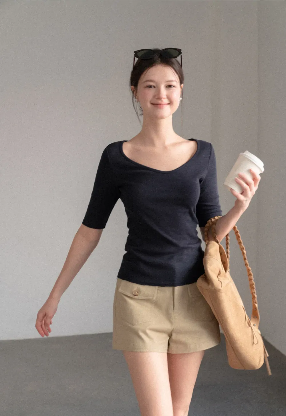 V Neck Ribbed Knit Short Sleeve T Shirt