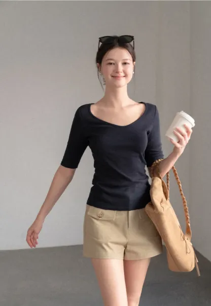 V Neck Ribbed Knit Short Sleeve T Shirt