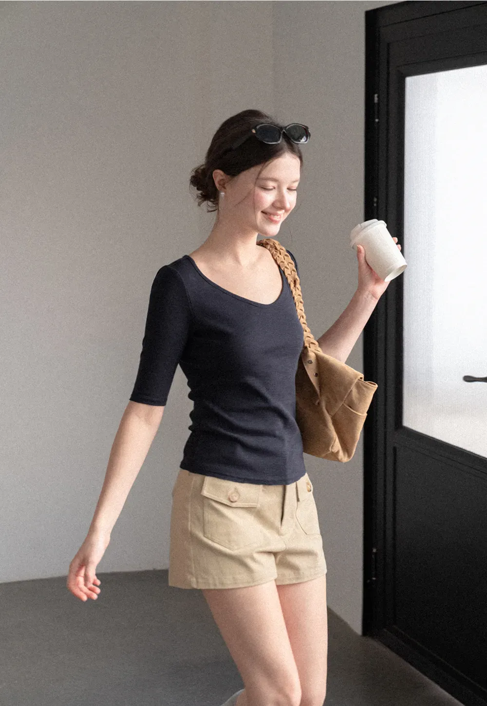 V Neck Ribbed Knit Short Sleeve T Shirt