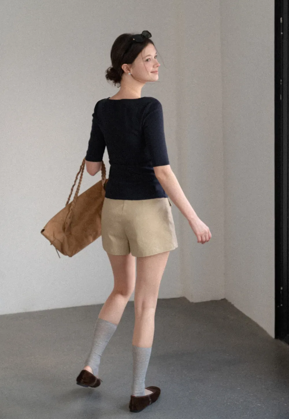 V Neck Ribbed Knit Short Sleeve T Shirt
