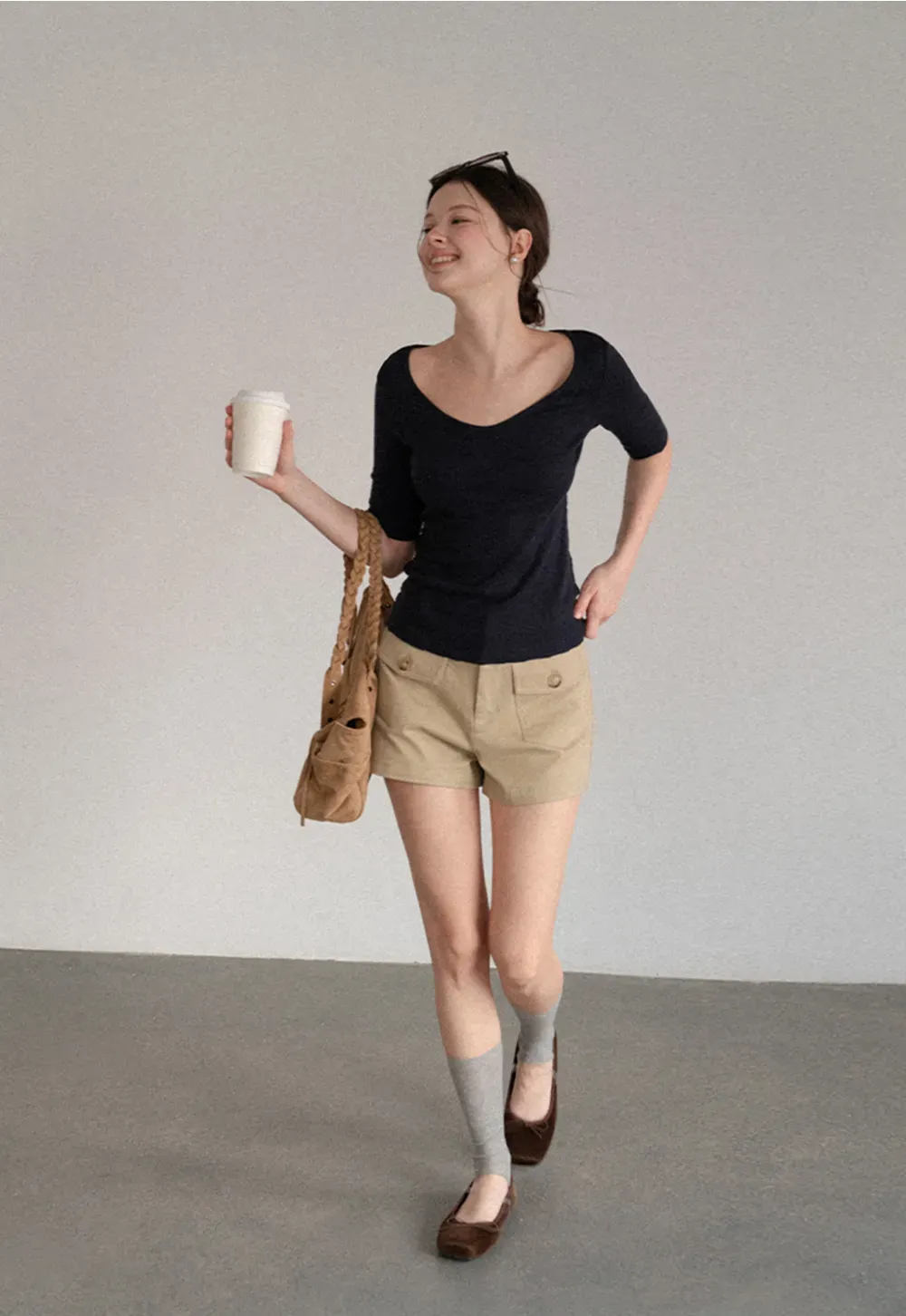 V Neck Ribbed Knit Short Sleeve T Shirt