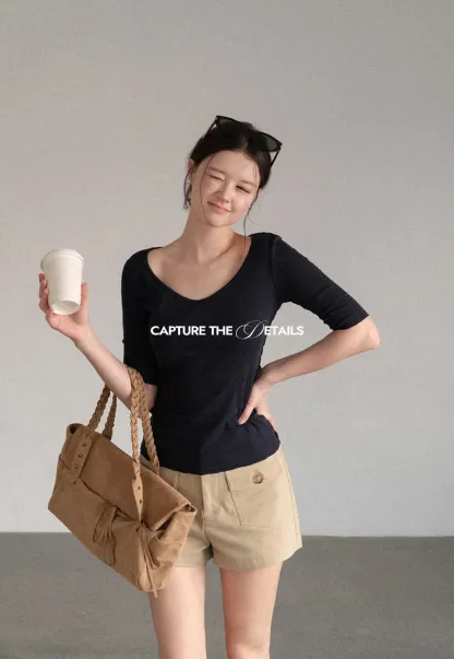 V Neck Ribbed Knit Short Sleeve T Shirt