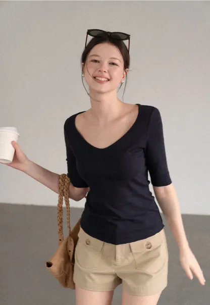 V Neck Ribbed Knit Short Sleeve T Shirt