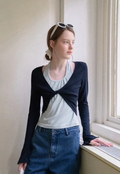 Twisted Front Knot Long Sleeve Layered Top