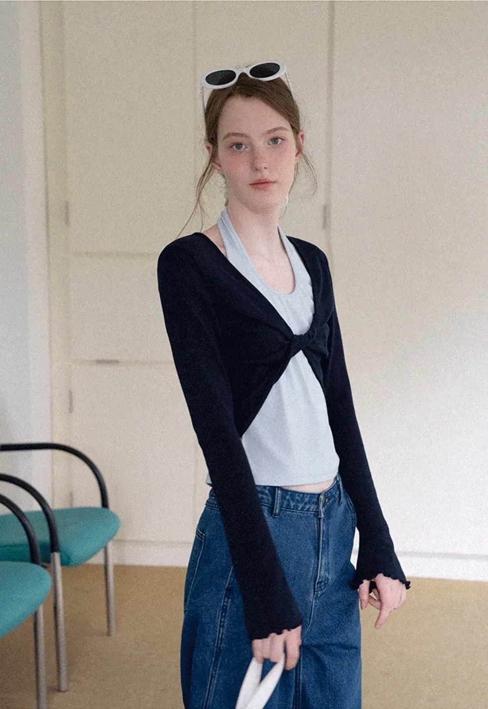 Twisted Front Knot Long Sleeve Layered Top