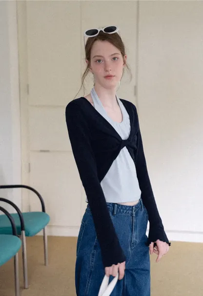 Twisted Front Knot Long Sleeve Layered Top