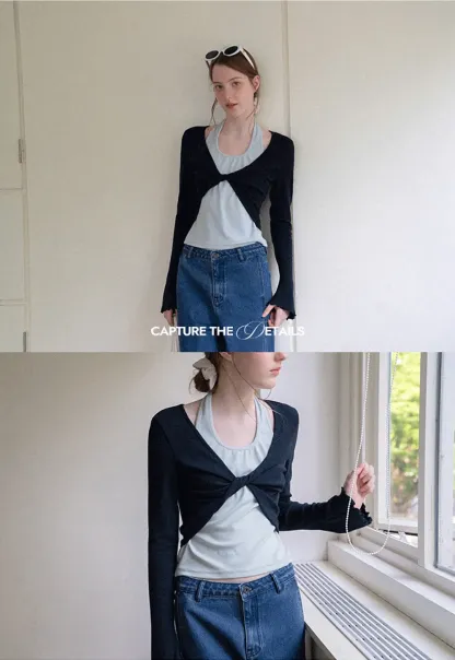 Twisted Front Knot Long Sleeve Layered Top
