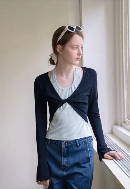 Twisted Front Knot Long Sleeve Layered Top