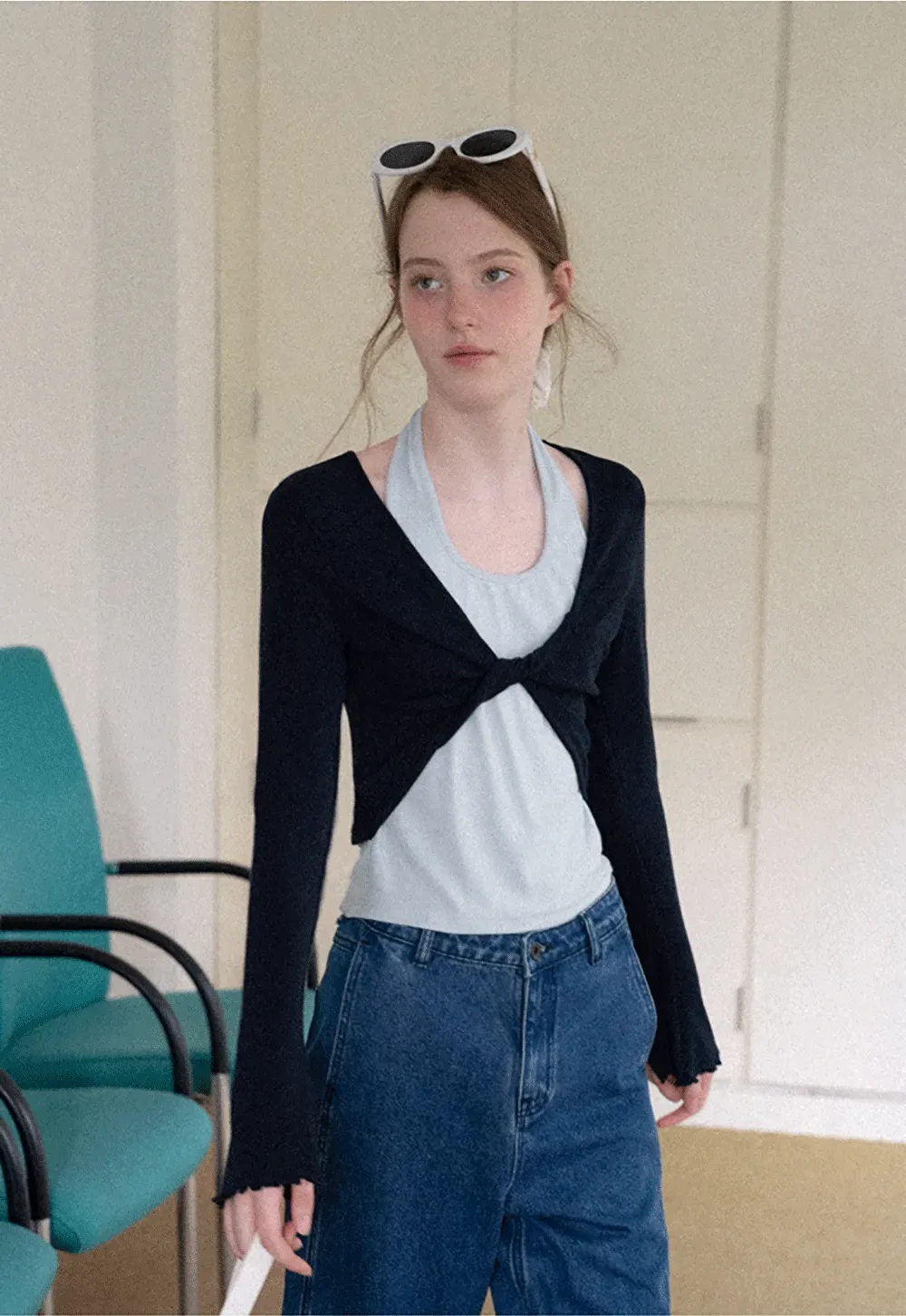 Twisted Front Knot Long Sleeve Layered Top