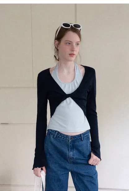 Twisted Front Knot Long Sleeve Layered Top