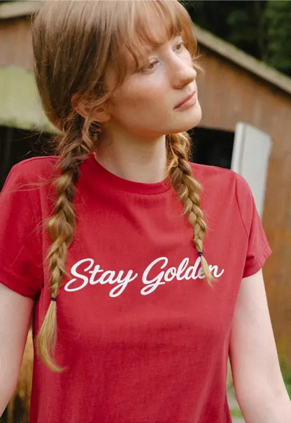 Cotton Tee with Script Print and Rounded Hem