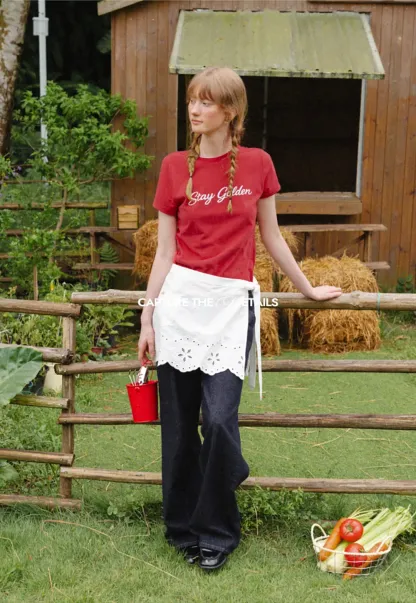 Cotton Tee with Script Print and Rounded Hem