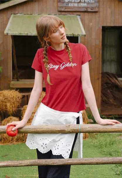 Cotton Tee with Script Print and Rounded Hem