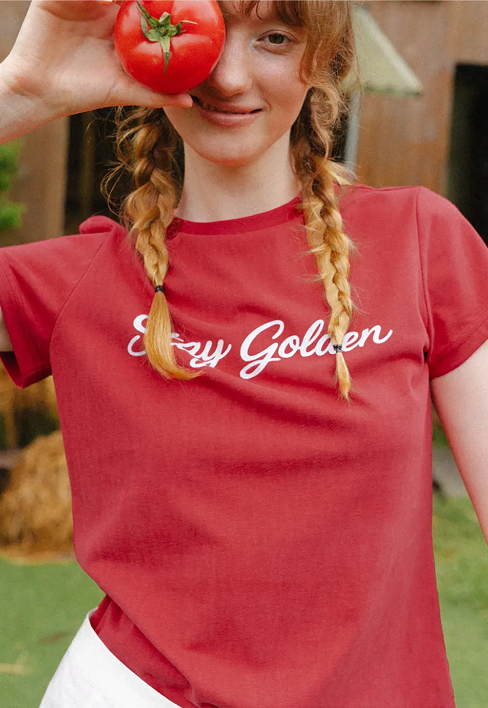 Cotton Tee with Script Print and Rounded Hem