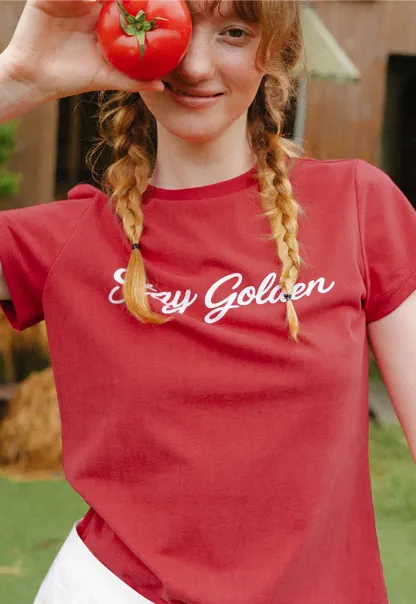 Cotton Tee with Script Print and Rounded Hem