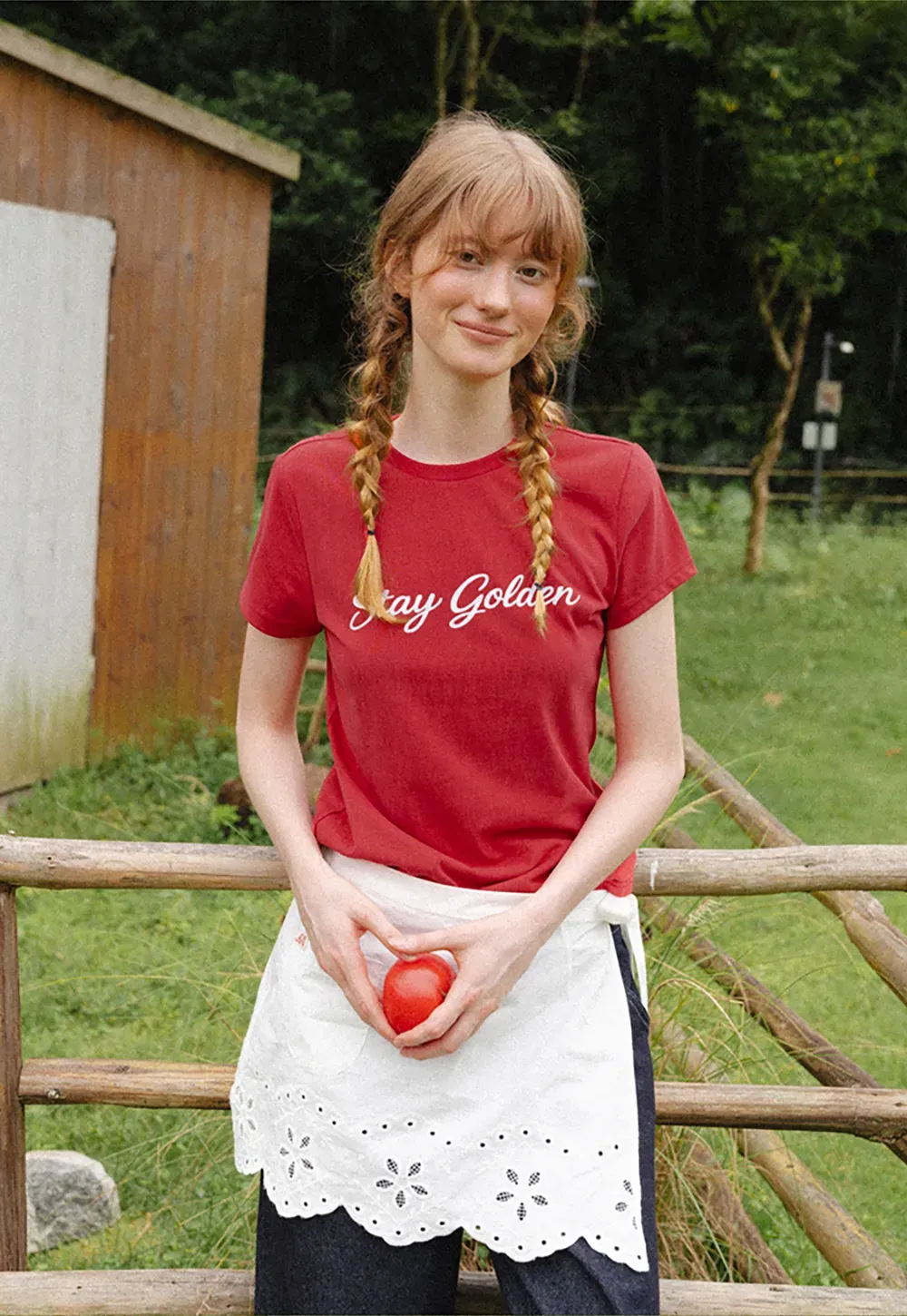 Cotton Tee with Script Print and Rounded Hem
