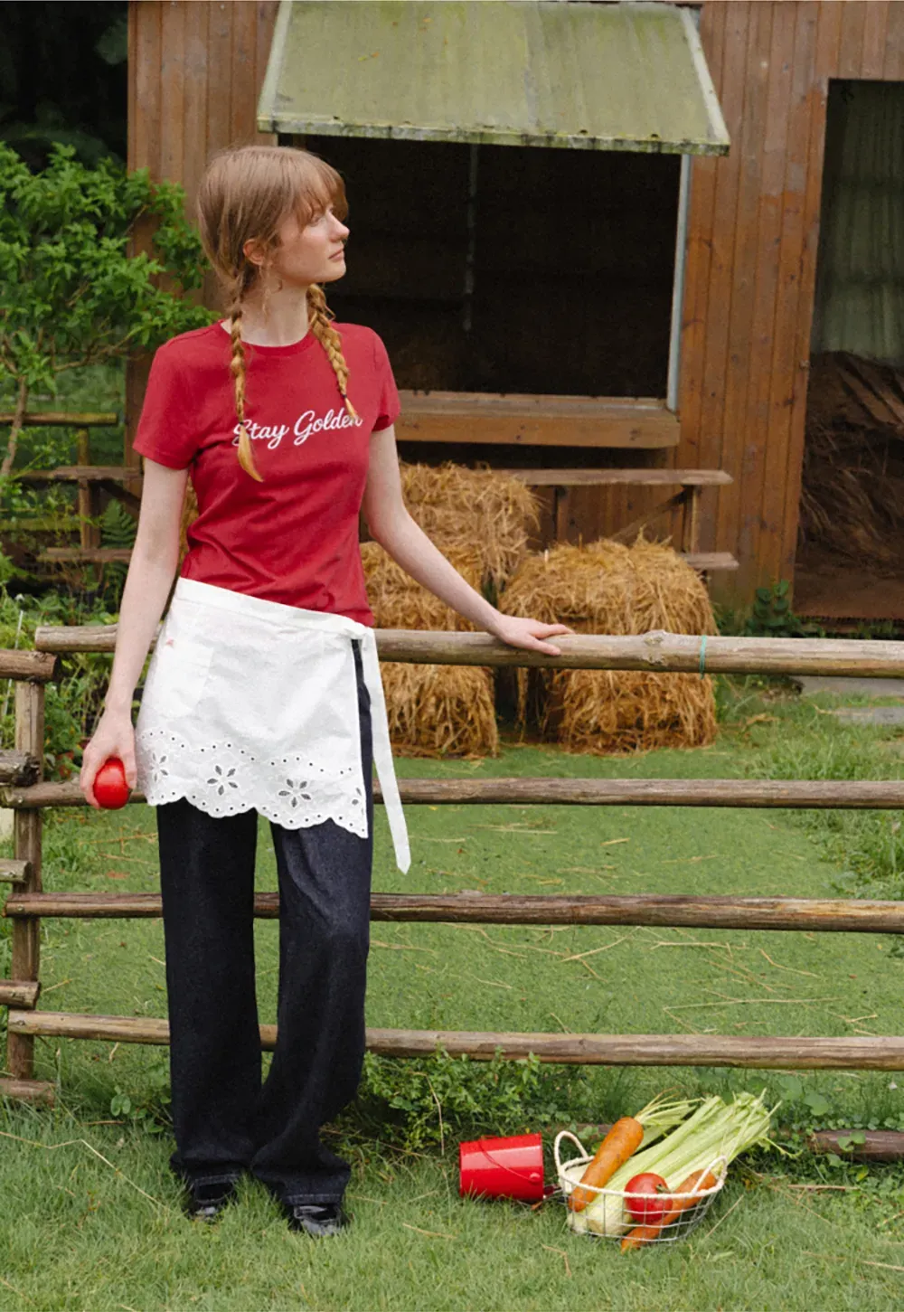 Cotton Tee with Script Print and Rounded Hem