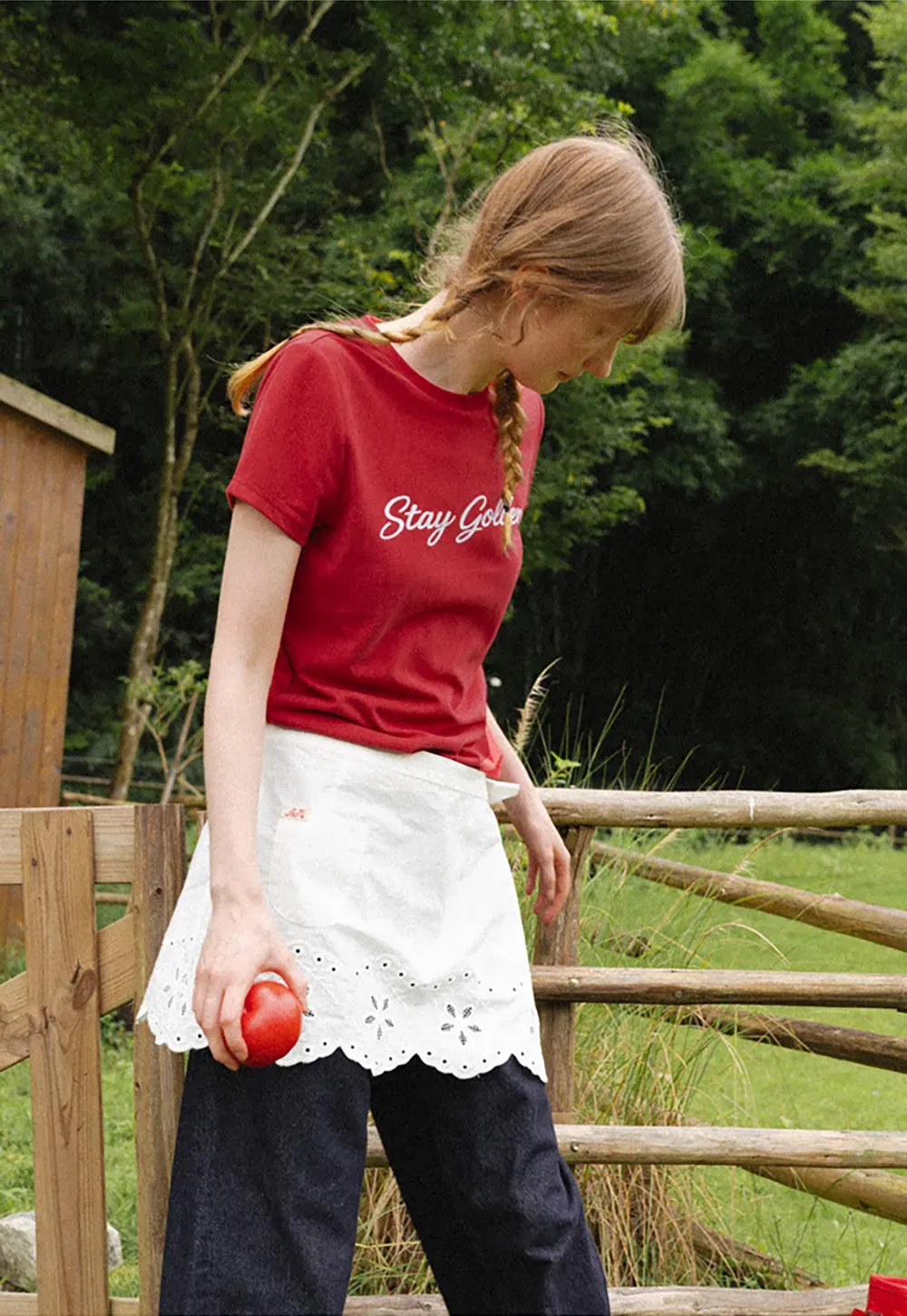 Cotton Tee with Script Print and Rounded Hem