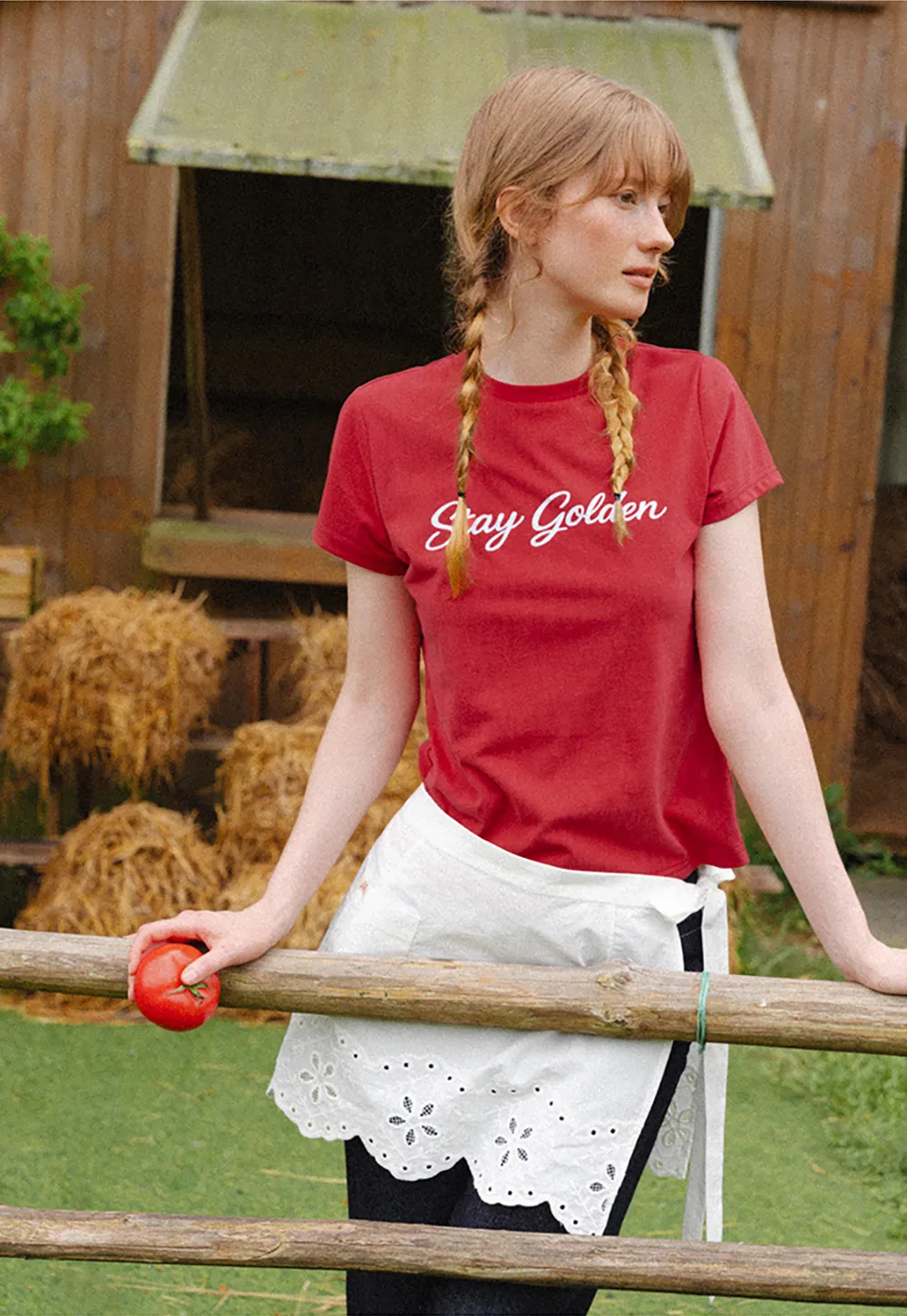 Cotton Tee with Script Print and Rounded Hem