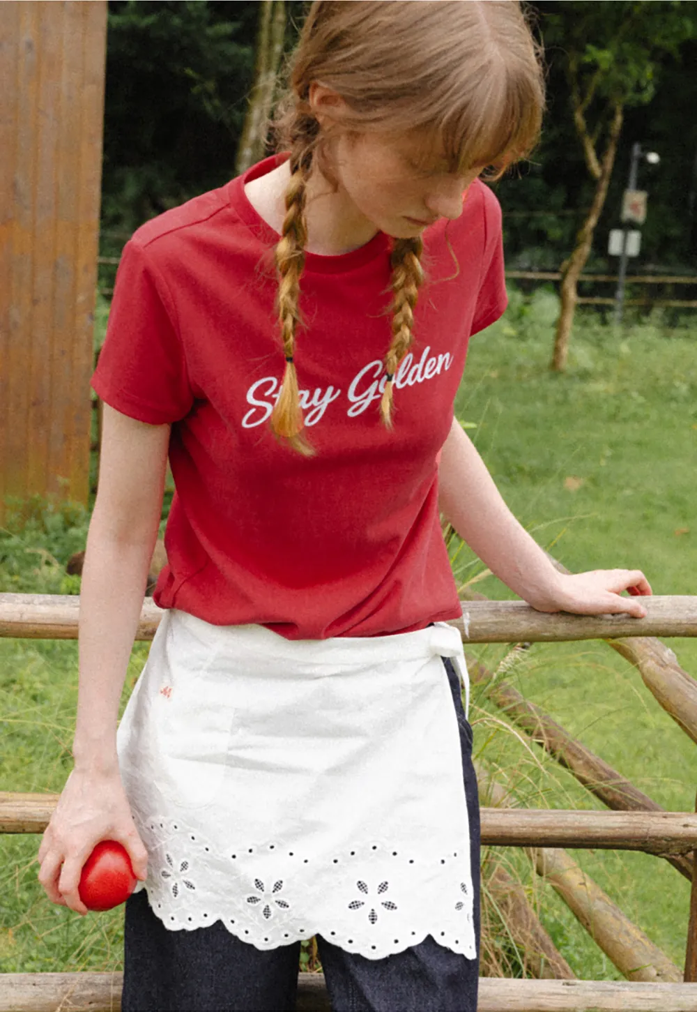Cotton Tee with Script Print and Rounded Hem