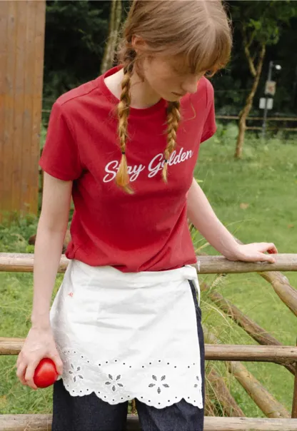 Cotton Tee with Script Print and Rounded Hem