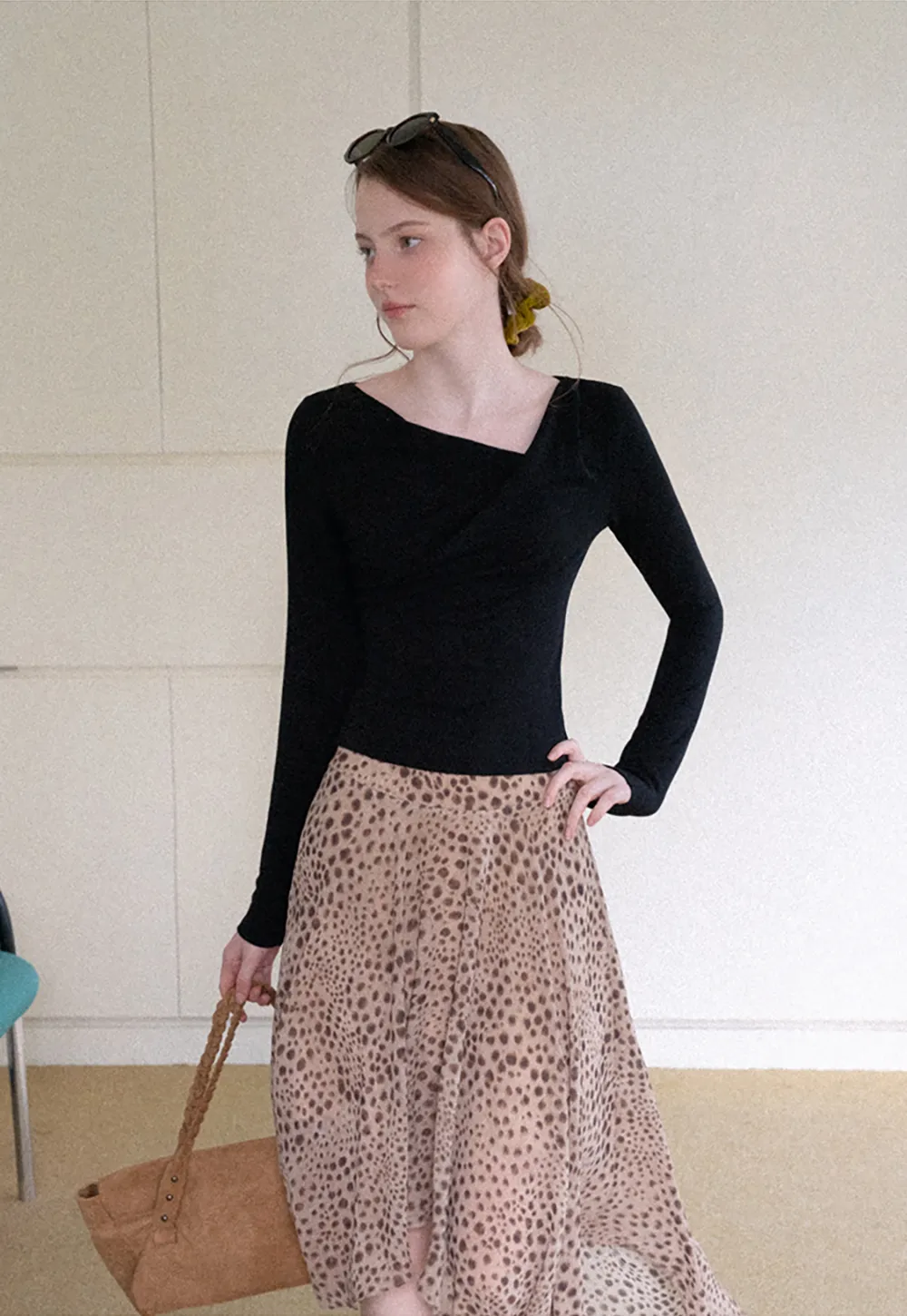 Asymmetrical Wrap Neck Long Sleeve Top