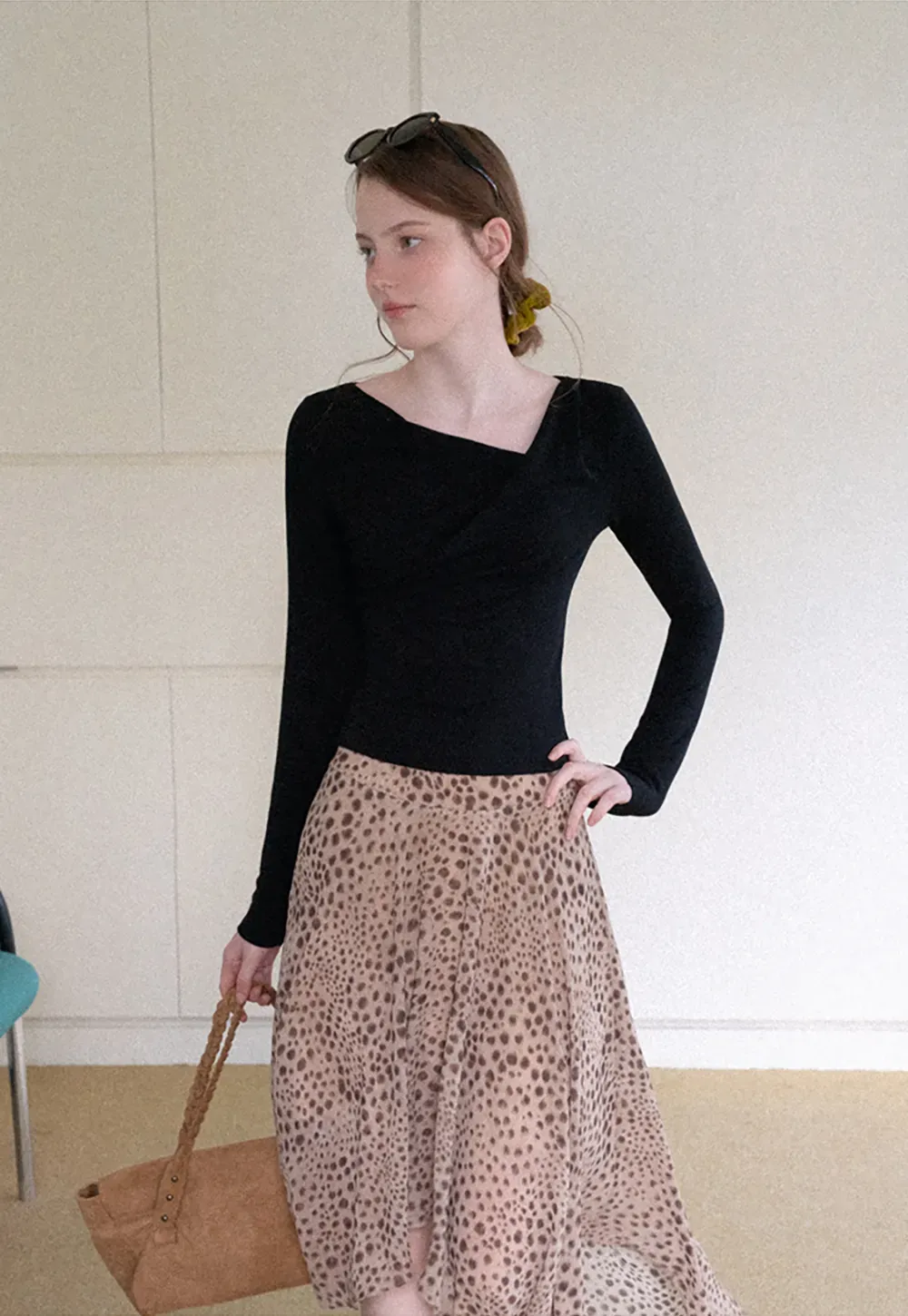 Asymmetrical Wrap Neck Long Sleeve Top