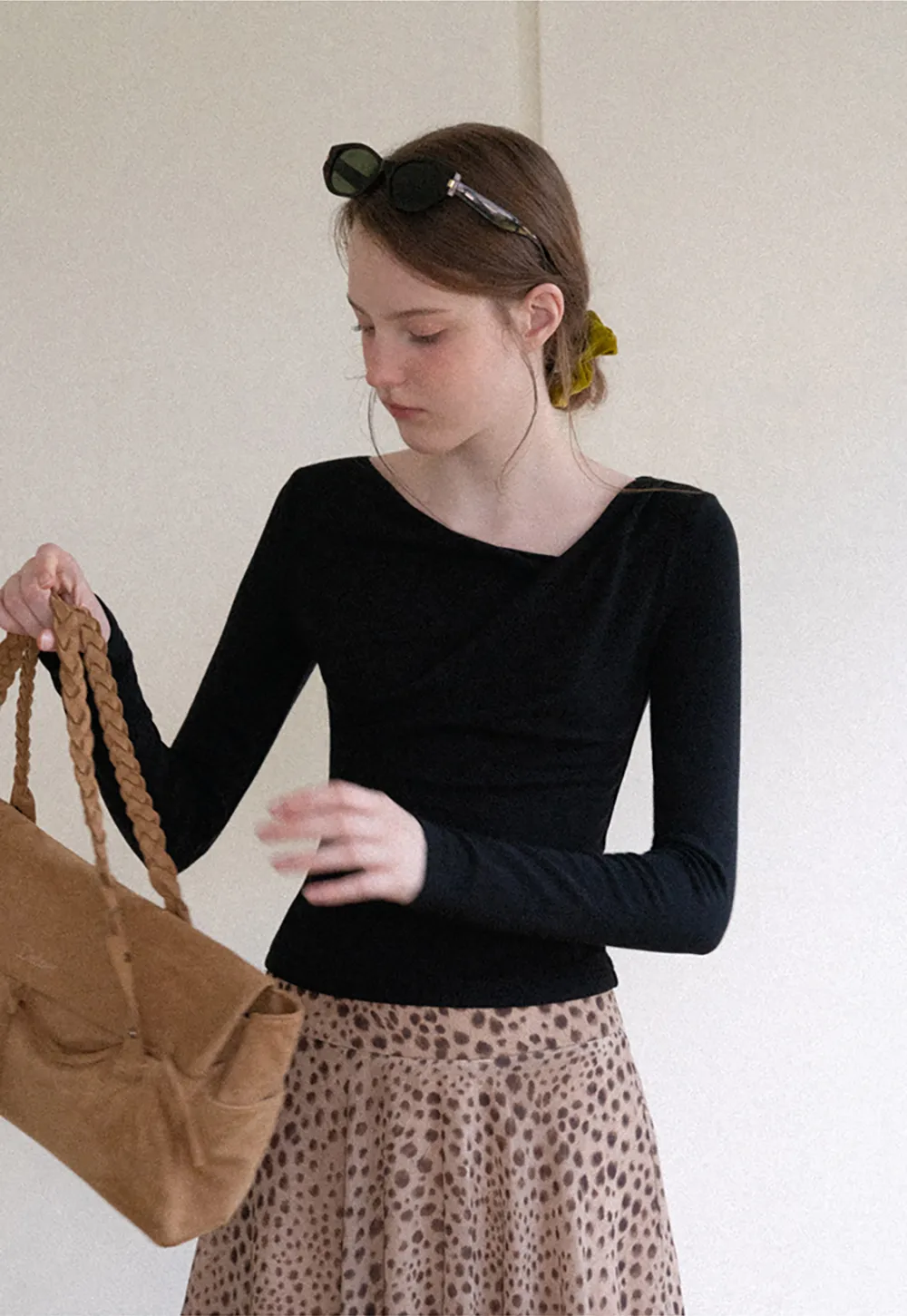 Asymmetrical Wrap Neck Long Sleeve Top