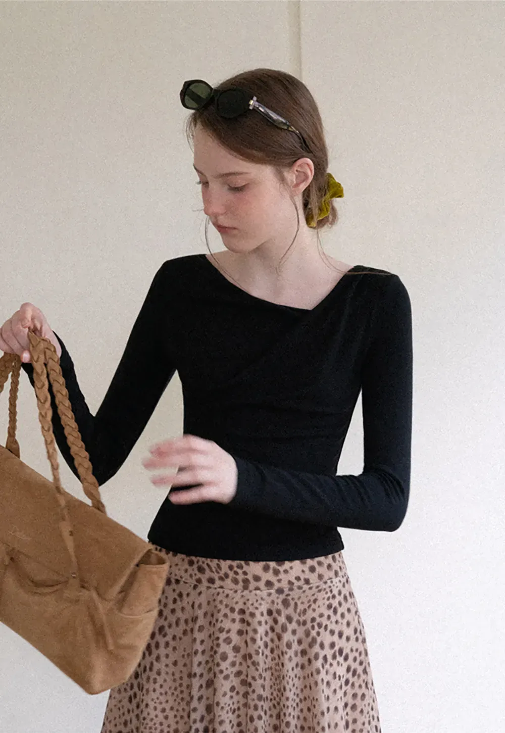 Asymmetrical Wrap Neck Long Sleeve Top