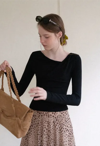 Asymmetrical Wrap Neck Long Sleeve Top