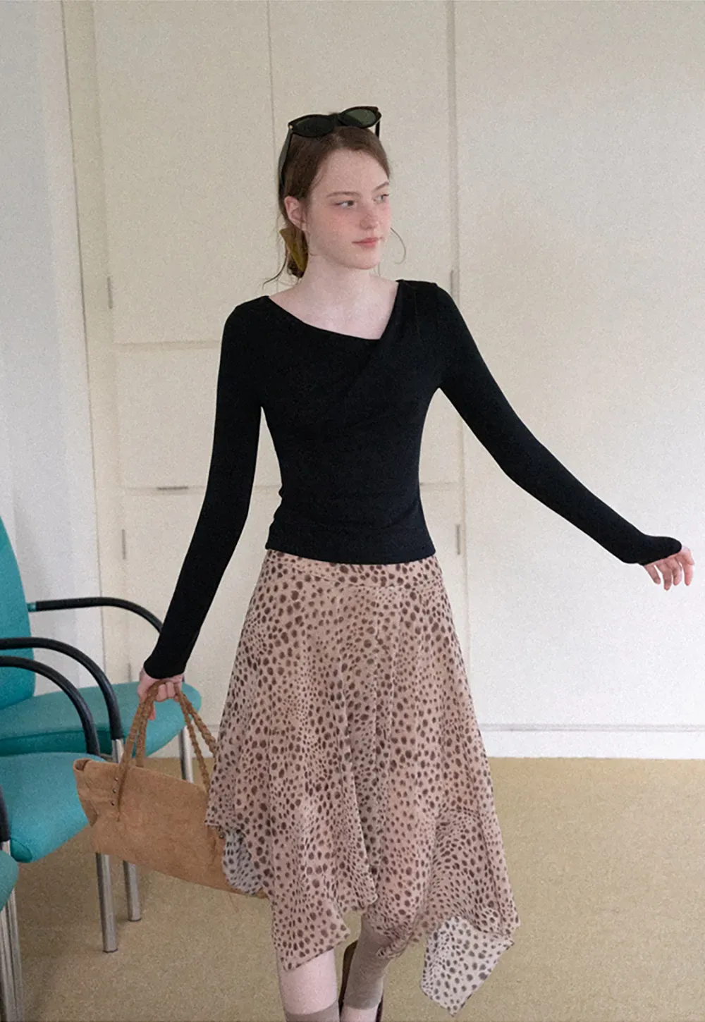 Asymmetrical Wrap Neck Long Sleeve Top