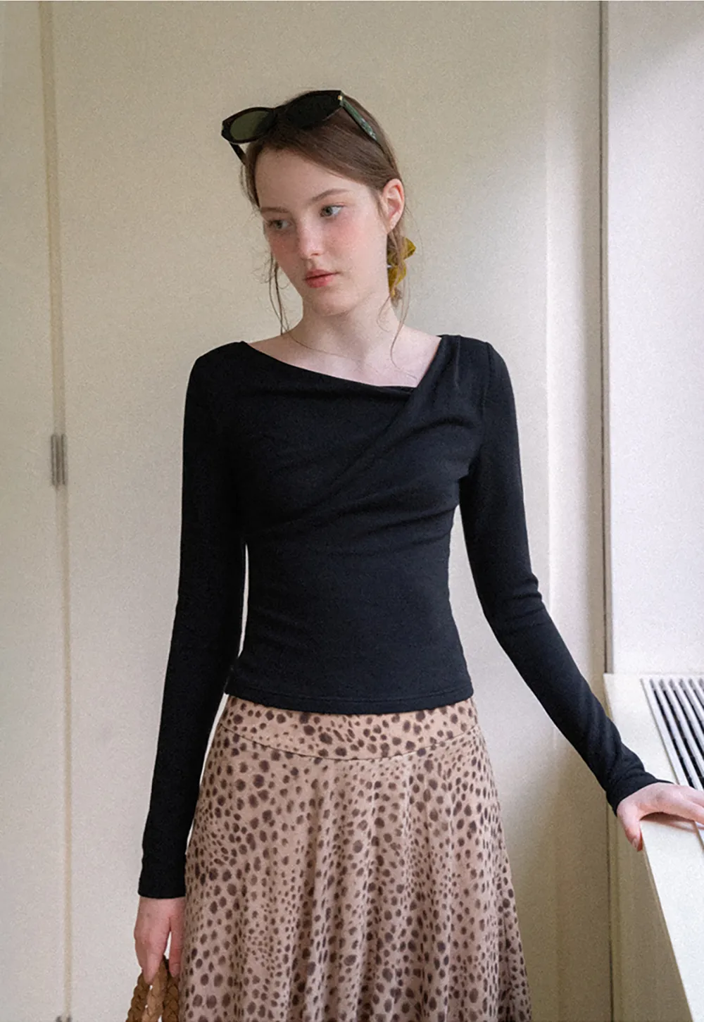 Asymmetrical Wrap Neck Long Sleeve Top