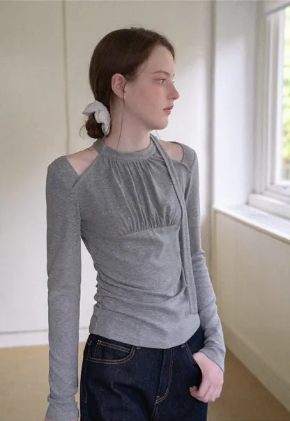 Cold Shoulder Ruched Neck Long Sleeve Top