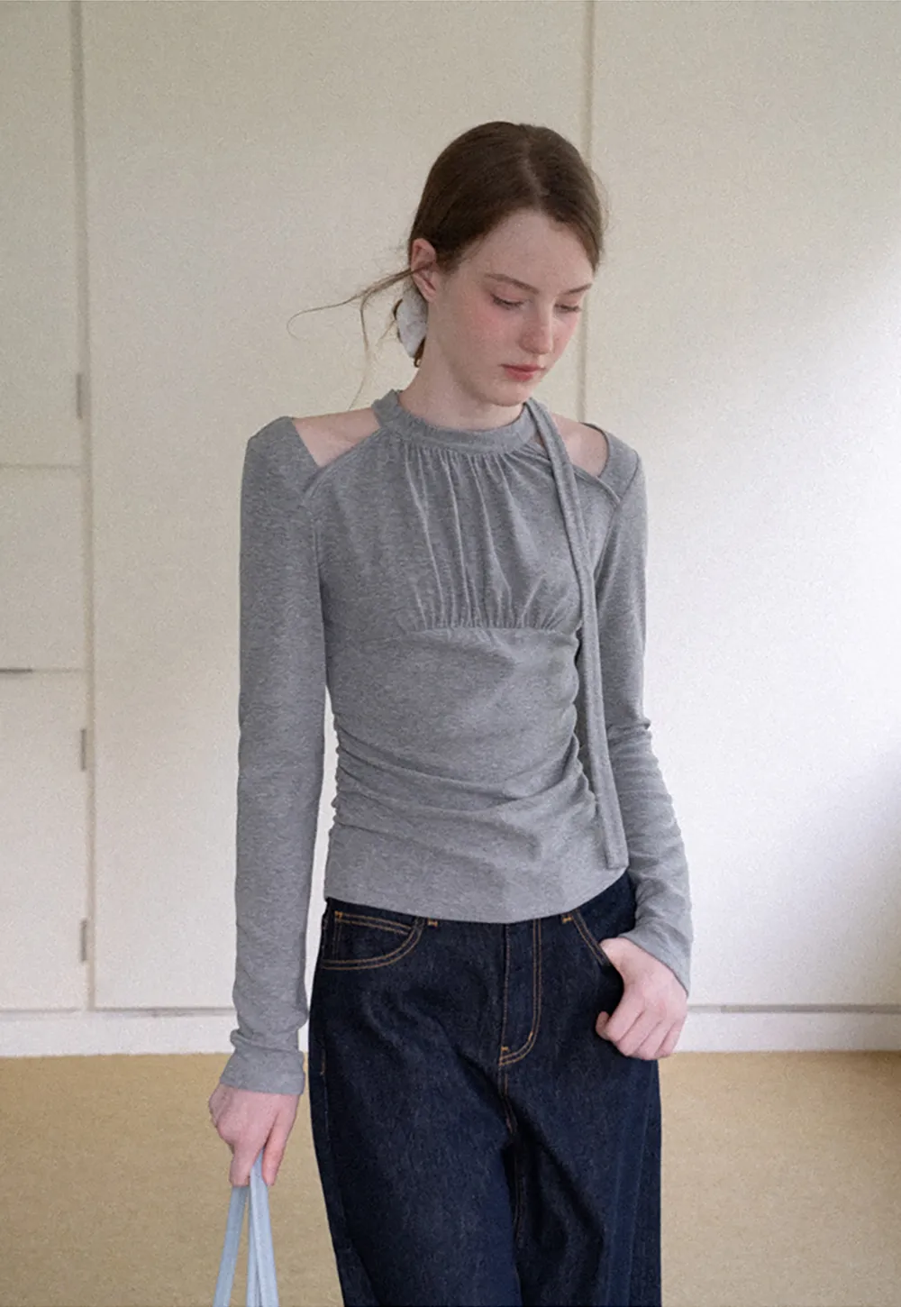 Cold Shoulder Ruched Neck Long Sleeve Top