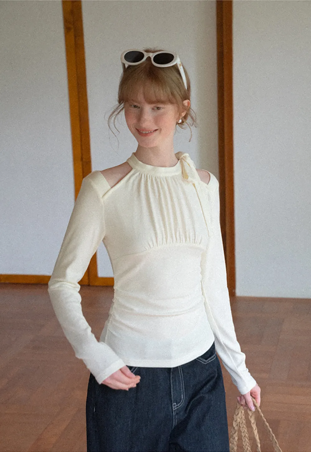 Cold Shoulder Ruched Neck Long Sleeve Top
