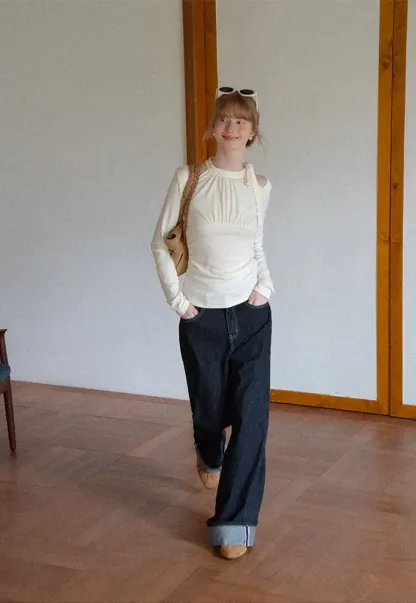 Cold Shoulder Ruched Neck Long Sleeve Top