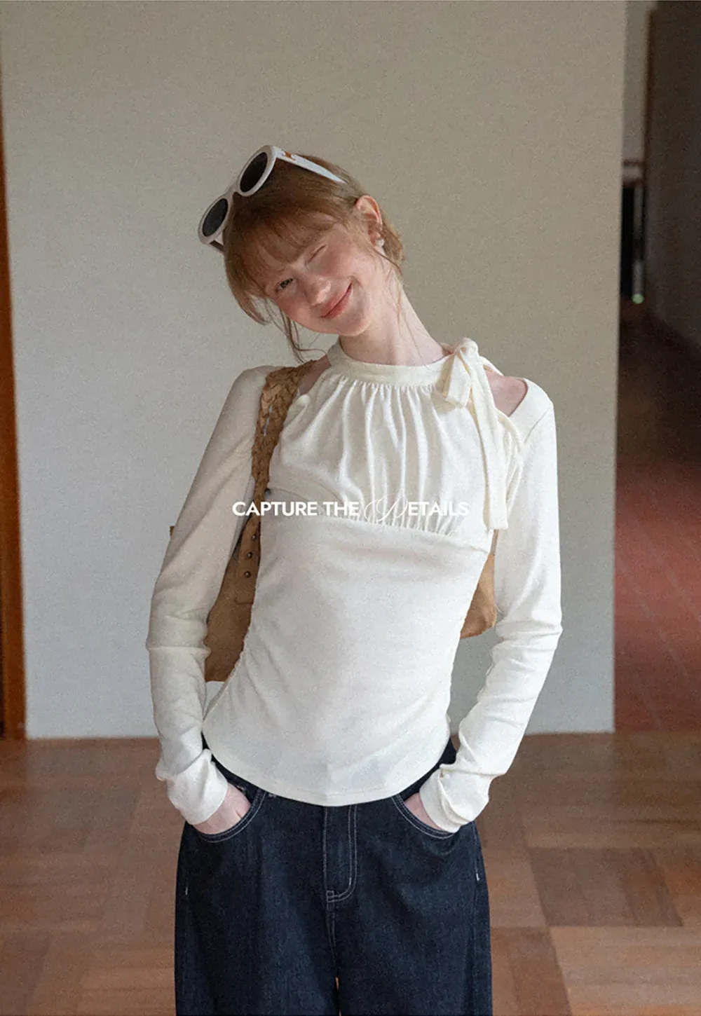 Cold Shoulder Ruched Neck Long Sleeve Top