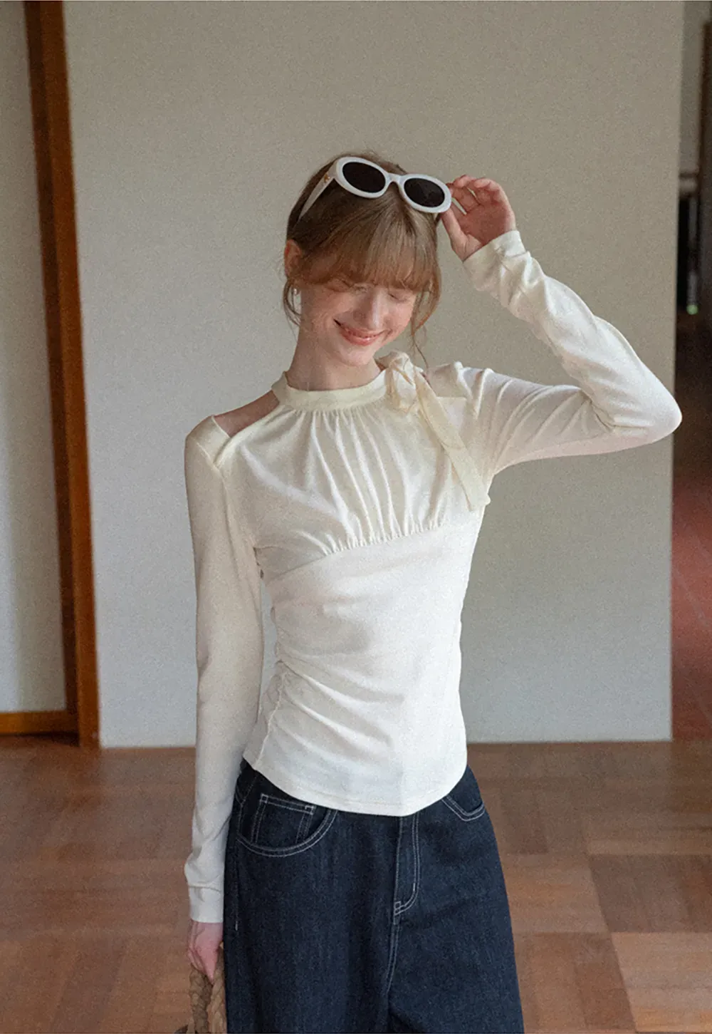 Cold Shoulder Ruched Neck Long Sleeve Top
