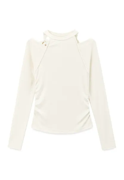 Cold Shoulder Ruched Neck Long Sleeve Top