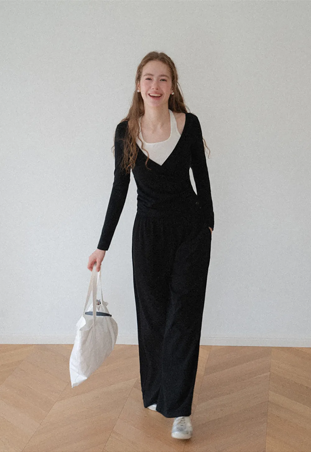 V Neck Layered Long Sleeve Top and Wide Leg Pants