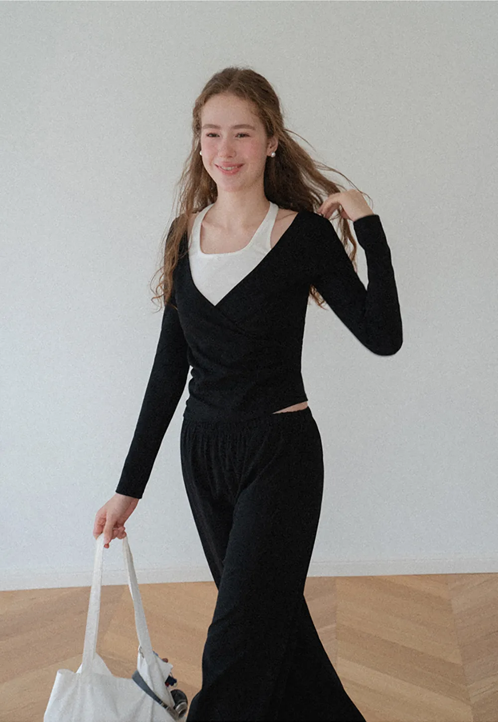 V Neck Layered Long Sleeve Top and Wide Leg Pants