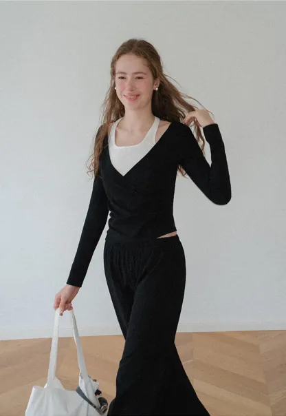 V Neck Layered Long Sleeve Top and Wide Leg Pants