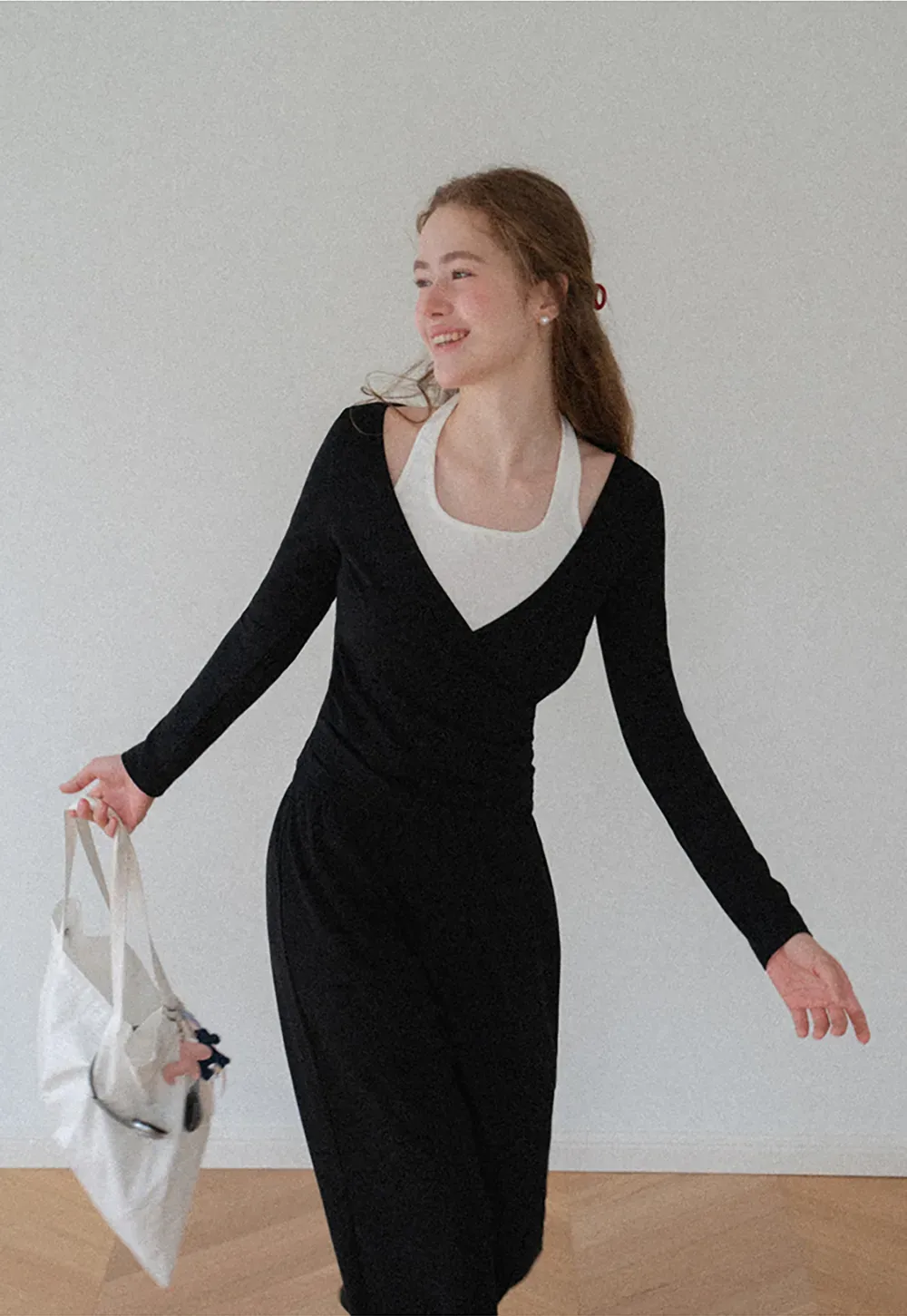 V Neck Layered Long Sleeve Top and Wide Leg Pants