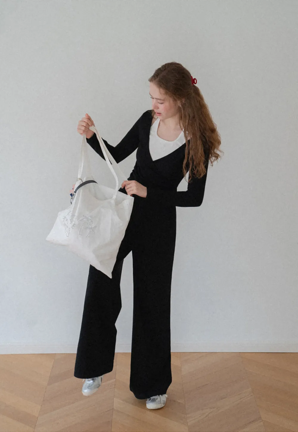 V Neck Layered Long Sleeve Top and Wide Leg Pants