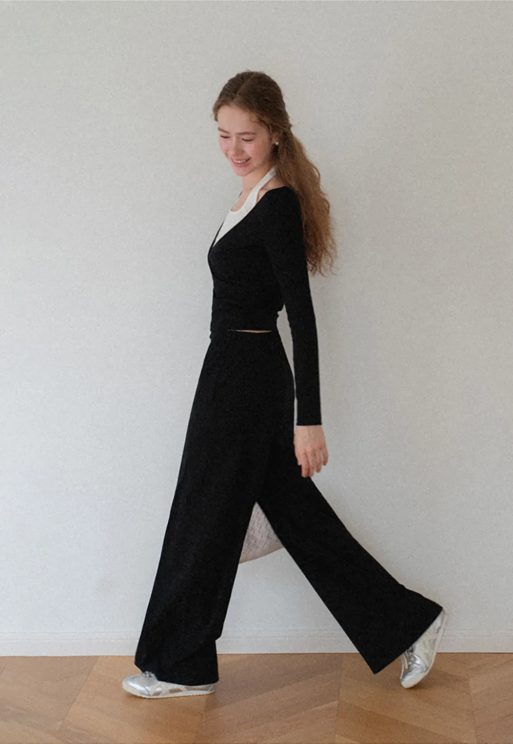 V Neck Layered Long Sleeve Top and Wide Leg Pants