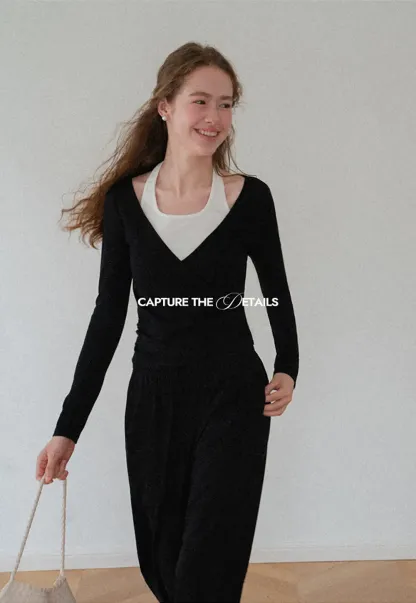 V Neck Layered Long Sleeve Top and Wide Leg Pants
