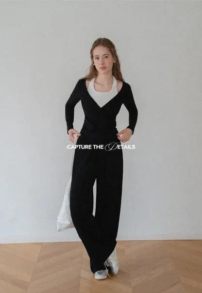 V Neck Layered Long Sleeve Top and Wide Leg Pants
