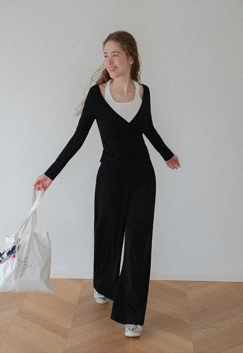 V Neck Layered Long Sleeve Top and Wide Leg Pants